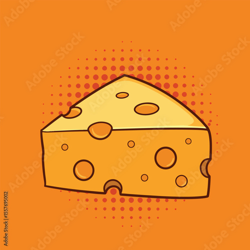 cheese wedge pop art icon with orange halftone background