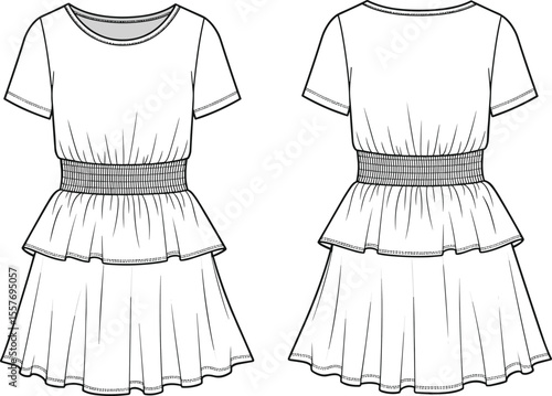 Girls peplum waist short sleeve dress cad drawing, flat vector fashion illustration, front and back view, flared hem sketch