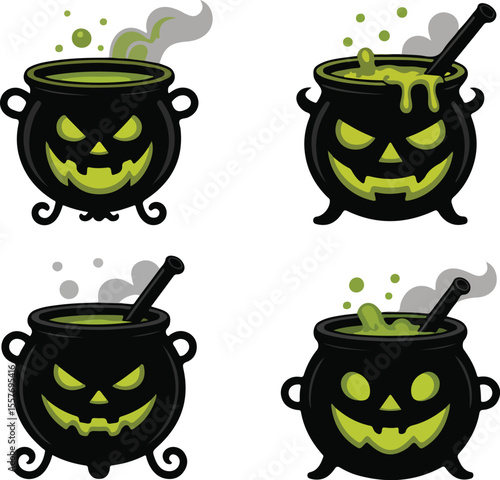 Set of black silhouettes of Halloween witch cauldrons, witches black cauldron with boiling magic potion isolated on white background