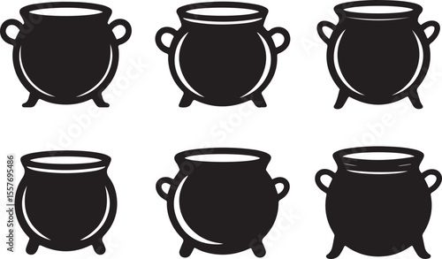 Set of black silhouettes of Halloween witch cauldrons, witches black cauldron with boiling magic potion isolated on white background