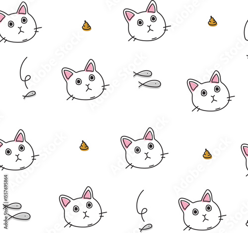 Whimsical Catscape Pattern: Playful repetition of wide-eyed kitten face and fish in vector pattern, evoking childlike joy and innocent simplicity.