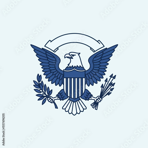 American bald eagle emblem with olive branch and arrows. Patriotism symbol with national bird and heraldic elements. Independence day design for celebratory cards and posters.