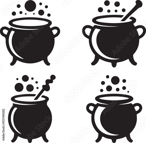Set of black silhouettes of Halloween witch cauldrons, witches black cauldron with boiling magic potion isolated on white background