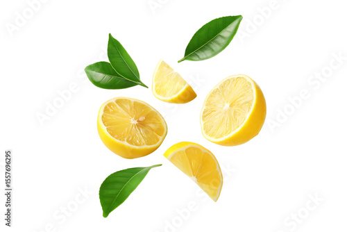  yellow lemon slices falling with green leaves isolated on white background PNG ,AI GENERATED