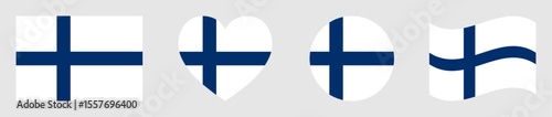 Finland flags set in square, heart, circle and waving formats designs element. Finland flags collection. Set of Finland flags icons isolated on gray background. Vector illustration.