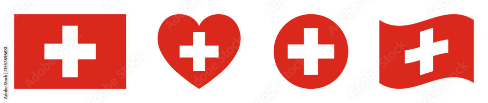 Obraz premium Switzerland flags set in square, heart, circle and waving formats designs element. Switzerland flags collection. Set of Switzerland flags icons isolated on white background. Vector illustration.