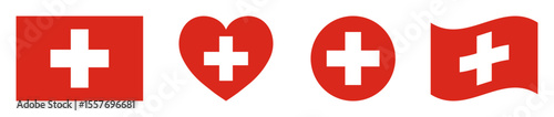Switzerland flags set in square, heart, circle and waving formats designs element. Switzerland flags collection. Set of Switzerland flags icons isolated on white background. Vector illustration.
