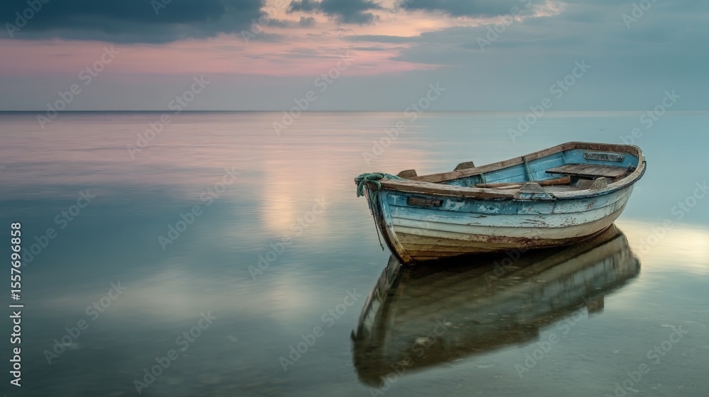 Fototapeta premium Weathered Boat at Sunset on Calm Sea