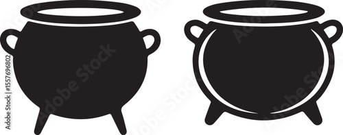 Set of black silhouettes of Halloween witch cauldrons, witches black cauldron with boiling magic potion isolated on white background