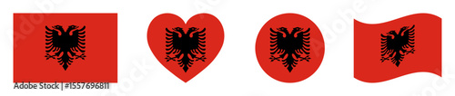 Albania flags set in square, heart, circle and waving formats designs element. Albania flags collection. Set of Albania flags icons isolated on white background. Vector illustration.
