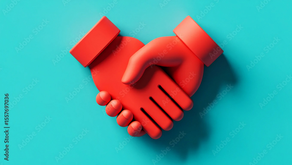 Obraz premium Red handshake icon on teal background agreement partnership