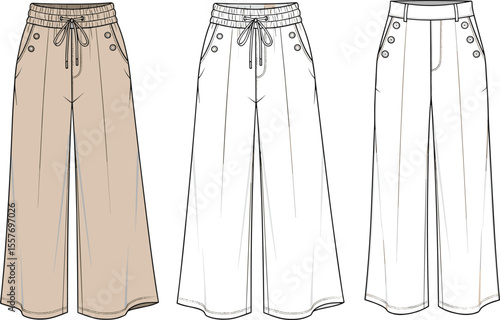 Wide leg pants fashion flat sketch, front view cad drawing, technical vector template, high waist buttoned trousers fashion illustration