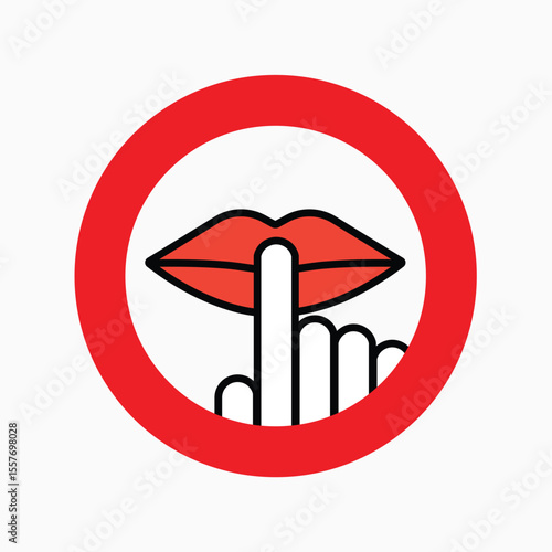 Silence Sign Icon: A simple yet powerful sign illustrating a universal concept, depicted with a finger pressed against lips within a vibrant red circle.