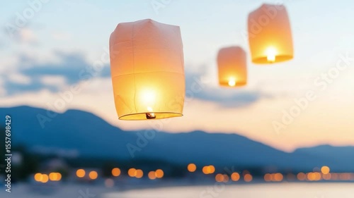 Sky Lanterns Soaring at Dusk: Illuminated sky lanterns drift gently into the evening sky, carrying wishes and dreams into the soft twilight, their warm glow contrasting with the cool colors of dusk.