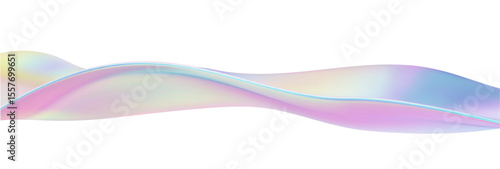 3D wave abstract liquid background with glass ribbon fluid shapes. Blue gradient holographic elements reflect iridescent chrome and rainbow tones. Dynamic soft wavy dispersion. Vector illustration.