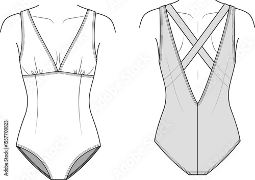 Women's one-piece swimsuit flat sketch, deep V-back design, fashion CAD drawing, cross back bathing suit, vector illustration template