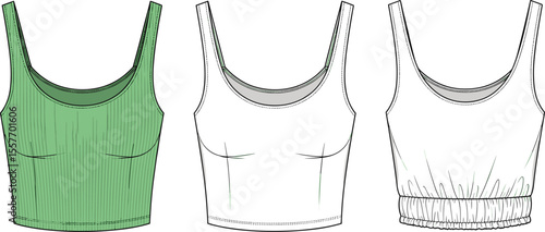 Stylish Ribbed Cropped Camisole Top Technical Fashion CAD Drawing Flat Vector Illustration for Women's Apparel Collection