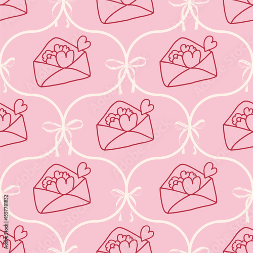 Coquette envelope crayon seamless pattern. Ogee gift and ribbons endless background. Girly festive pink damask repeat cover. Surface pattern birthday or wedding motif. Vector hand drawn illustration.