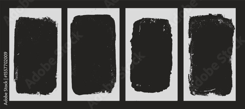 Photo grunge frames stories set template. Ink paint edges punk border for social media poster. Retro textured overlays. Rectangular white old cadre on black background. Vector design illustration.