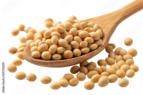 Close up of soybeans in a wooden spoon, healthy food concept.