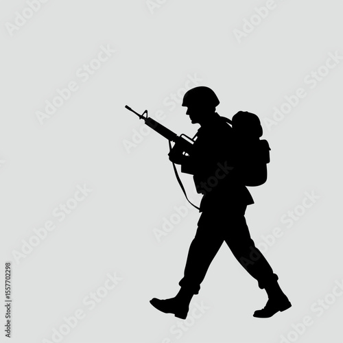 Soldier silhouette walking with rifle and backpack. Military figure marching forward, demonstrating determination and strength.