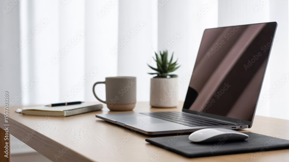 Fototapeta premium A clean, minimalist desk setup for remote work. Includes a modern laptop, wireless mouse, coffee mug, small plant, and a notebook with pen. The background is bright and neutral (white or light grey), 
