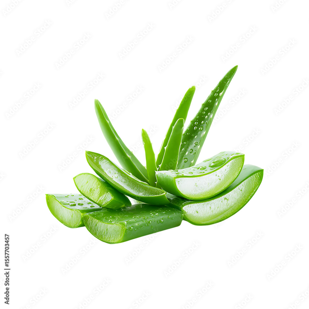 Fresh aloe vera plant leaves and slices with water droplets glistening on their surface isolated on transparent background Fresh aloe vera plant leaves and slices with water droplets glistening on their surface isolated on transparent background
