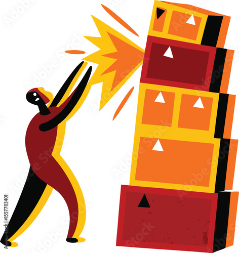 Abstract illustration of a person pushing a stack of boxes against a white background