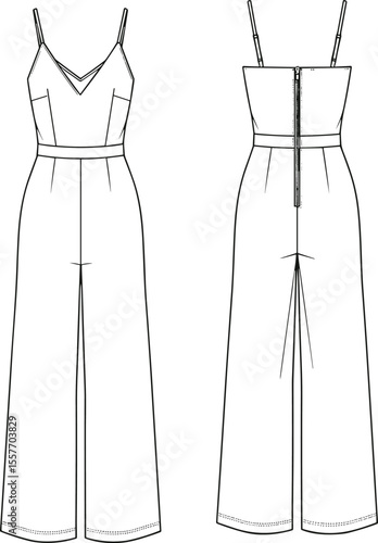 CAD drawing flat vector illustration of women’s strappy jumpsuit with front and back view, fashion technical clothing design template