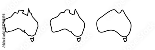 Australia country black outline silhouettes in three different levels of smoothness. Simplified maps. Vector icons isolated on white background.
