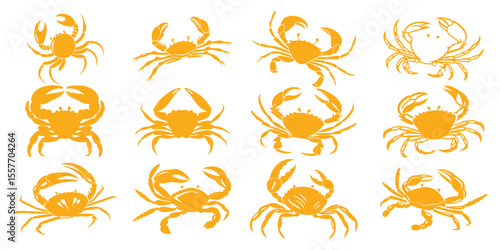 Seafood Crab Silhouette Set, Flat Vector Marine Graphics for Summer, Restaurant, or Zodiac Art On White Background

