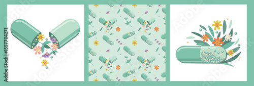 Set of backgrounds from bottles and capsules with medicinal herbs, aromatic oils, herbal tinctures. Phytotherapy. Alternative medicine. Vector illustration for advertising, leaflets and social network