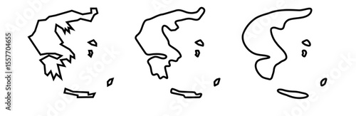 Greece country black outline silhouettes in three different levels of smoothness. Simplified maps. Vector icons isolated on white background.