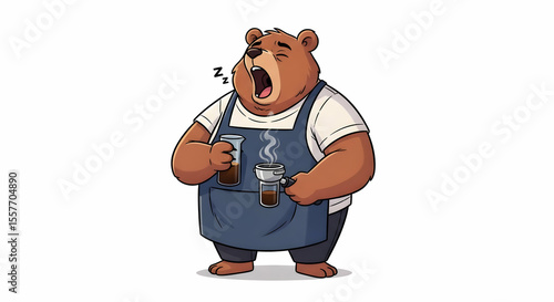 Cartoon bear barista yawning wearing apron holding coffee in a glass and portafilter on white background