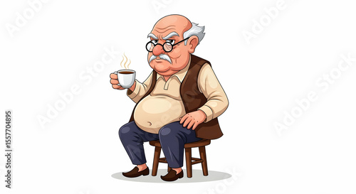 Cartoon grumpy old man with glasses sitting on a stool and holding a cup of coffee or tea