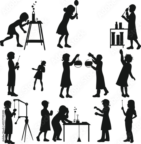 Black silhouette illustrations of young children experimenting with science concepts and scientific equipment