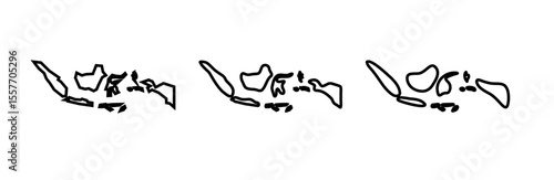 Indonesia country black outline silhouettes in three different levels of smoothness. Simplified maps. Vector icons isolated on white background.