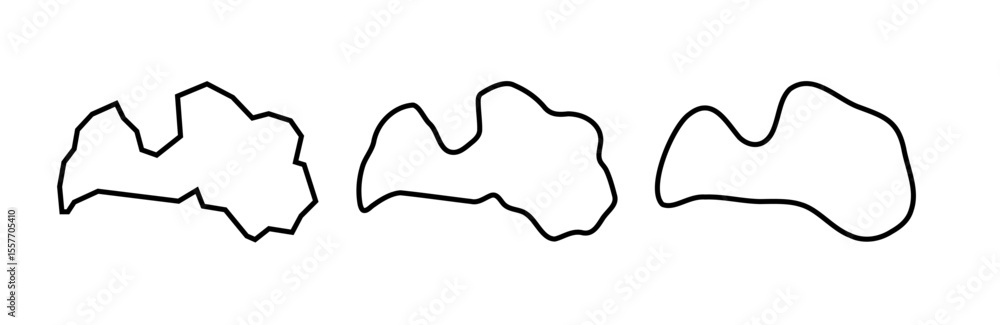 Fototapeta premium Latvia country black outline silhouettes in three different levels of smoothness. Simplified maps. Vector icons isolated on white background.