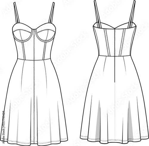 CAD drawing flat vector illustration of a stylish strappy bustier dress, fashion technical sketch, perfect for design templates, portfolios