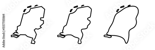 Netherlands country black outline silhouettes in three different levels of smoothness. Simplified maps. Vector icons isolated on white background.