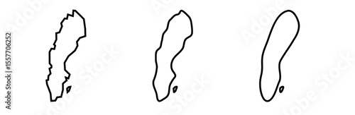 Sweden country black outline silhouettes in three different levels of smoothness. Simplified maps. Vector icons isolated on white background.