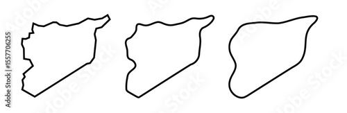 Syria country black outline silhouettes in three different levels of smoothness. Simplified maps. Vector icons isolated on white background.