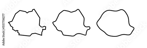 Romania country black outline silhouettes in three different levels of smoothness. Simplified maps. Vector icons isolated on white background.