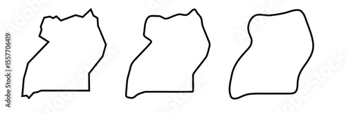Uganda country black outline silhouettes in three different levels of smoothness. Simplified maps. Vector icons isolated on white background.
