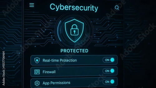 A sleek cybersecurity interface displaying protection features, including real-time protection and firewall settings
