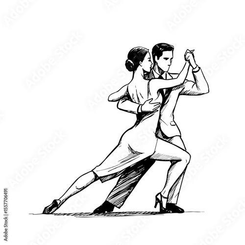 Argentine tango dancers in elegant pose. Couple performing passionate tango dance, showcasing graceful movements and close embrace. Romantic tango illustration perfect for dance studios,