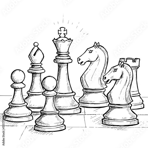Chess pieces on board. King queen knight bishop pawn chess set on chessboard. Classic chess game concept for strategy game.