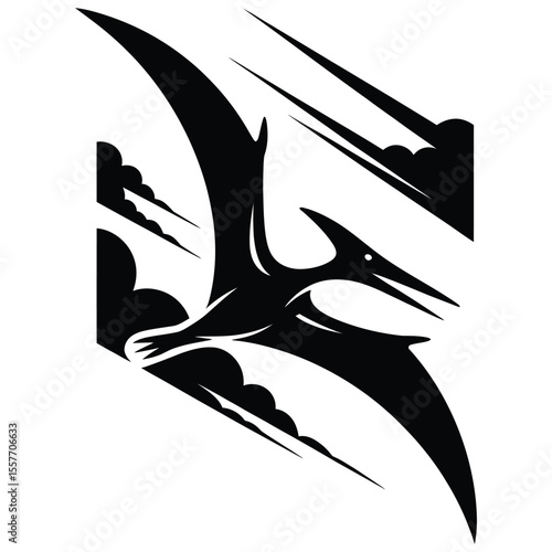  Flying pterodactyl silhouette in sky vector art on isolated black and white background