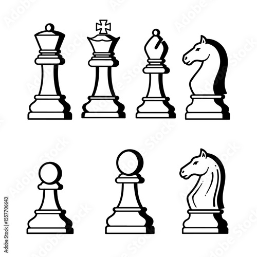 Chess pieces set. King queen bishop knight pawn chess pieces illustration.  Classic chess game pieces for board game design. Perfect chess pieces for websites and applications.