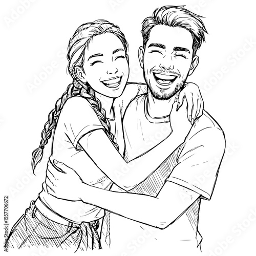 Happy couple embracing, celebrating International Day of Friendship.  Smiling friends show affection and joy, symbolizing true friendship and connection.